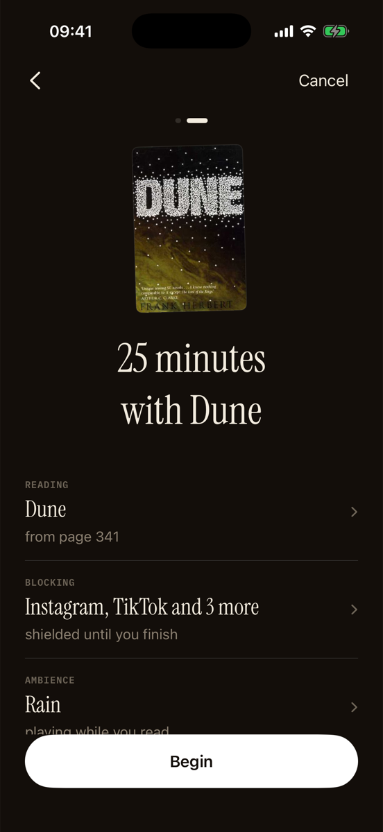 Twenty-five minutes with Dune, blocking Instagram, TikTok and three more, with rain playing.