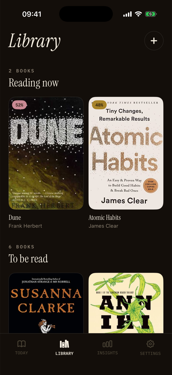 The library, showing books being read now with per-cent progress and a shelf of books to be read.