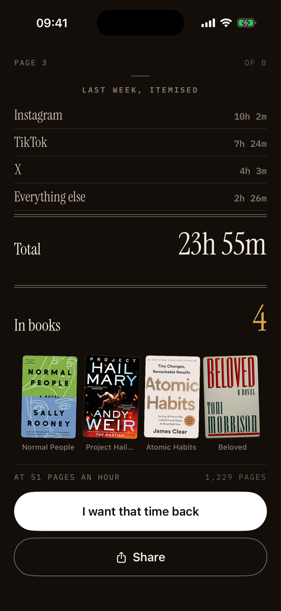 The PageTime reveal: last week itemised as a bill, totalling 23 hours 55 minutes, converted into four books.