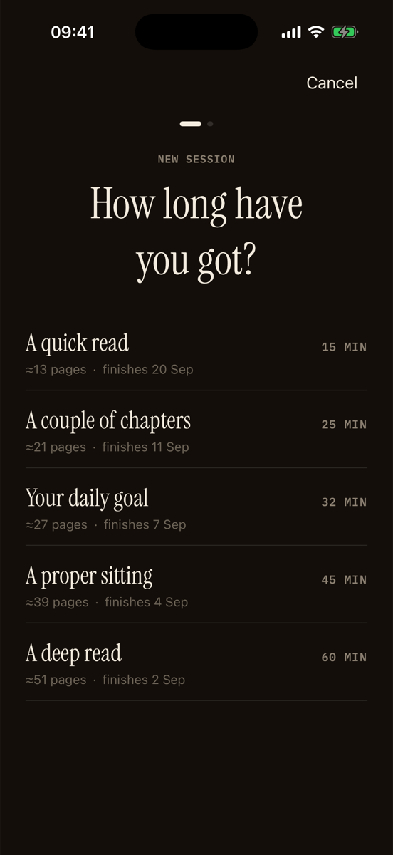 Session setup asking how long you have, with five options from a quick read to a deep read.