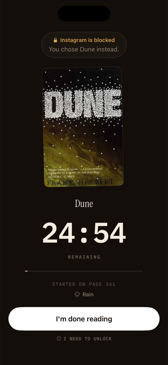 An active PageTime session: Instagram is blocked, you chose Dune instead, with twenty-four minutes fifty-four seconds remaining.