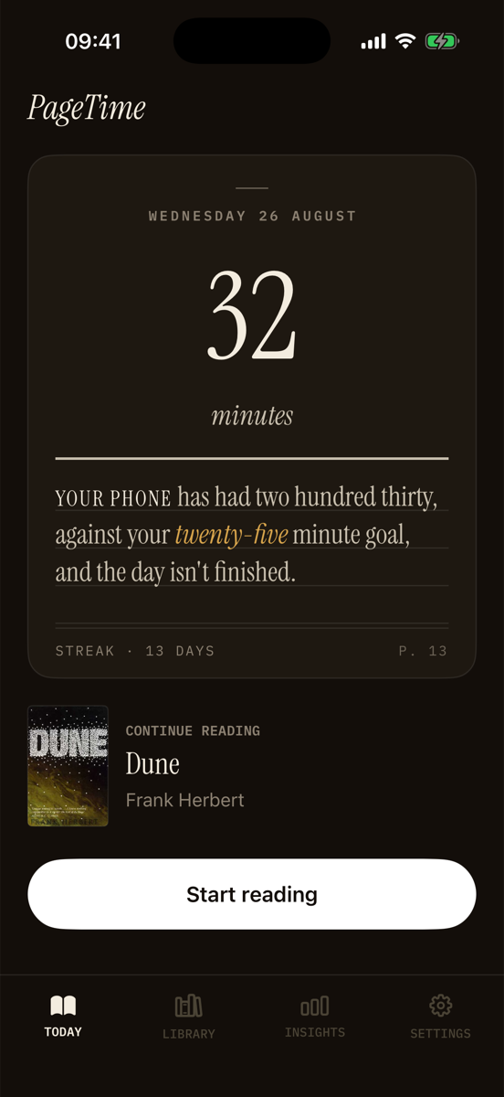 The PageTime home screen: thirty-two minutes read today, set against two hundred and thirty minutes on the phone.