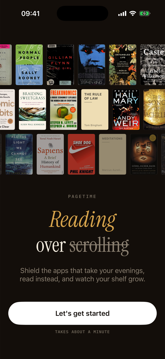 PageTime’s opening screen: shelves of books drifting past above the words Reading over scrolling.